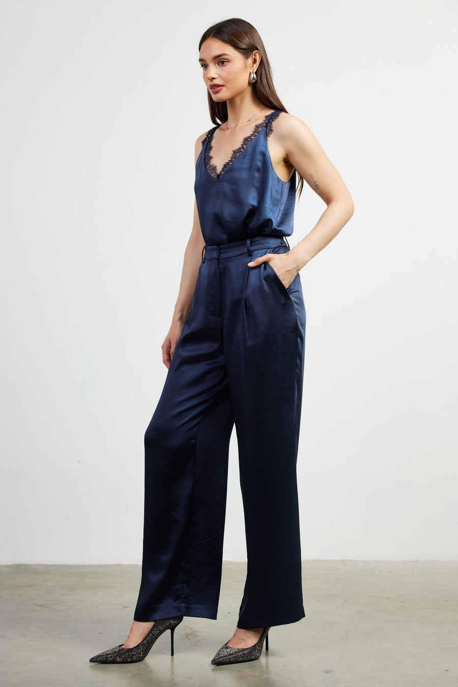 Skies Are Blue Navy Satin Trouser