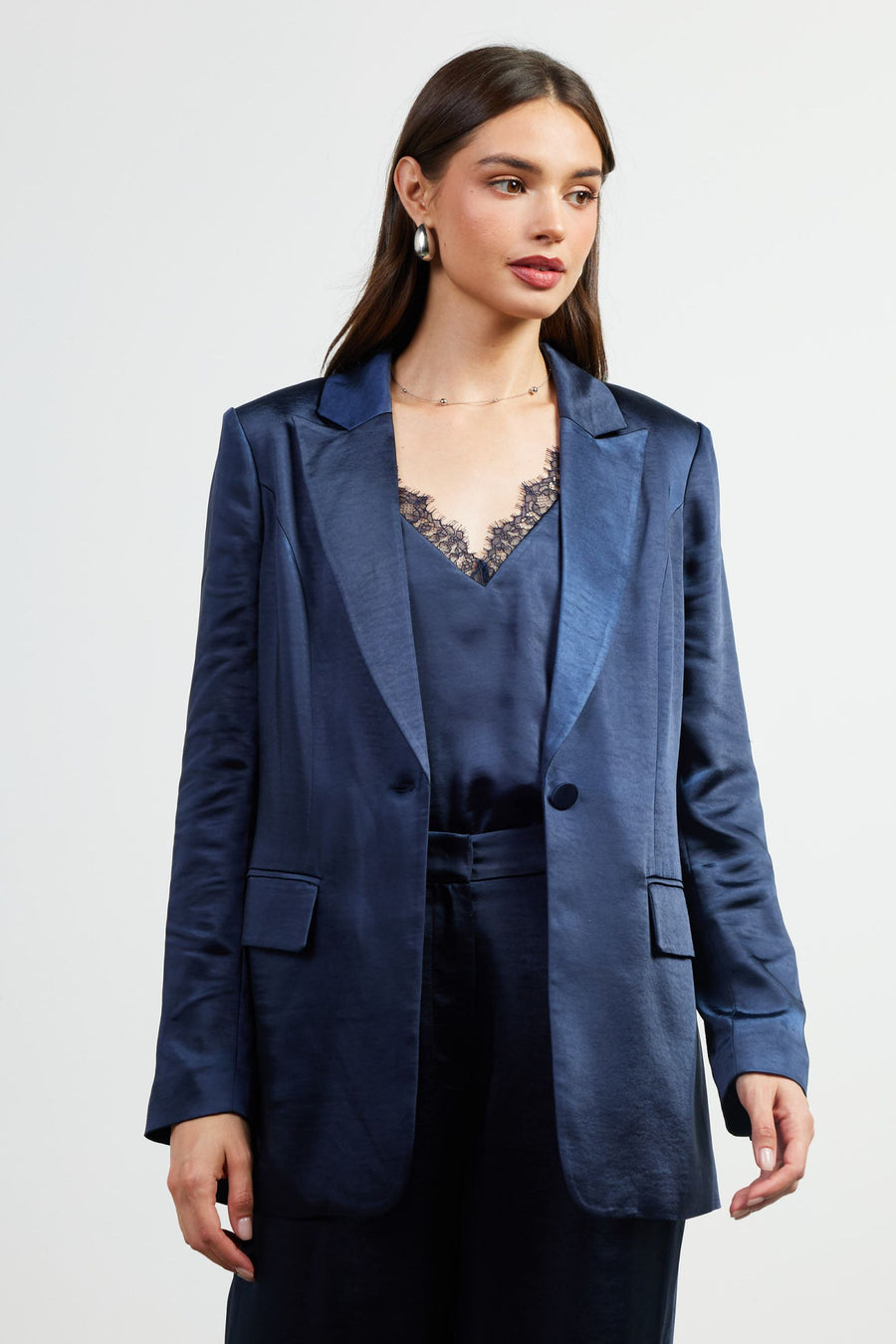 Skies Are Blue Navy Satin Blazer