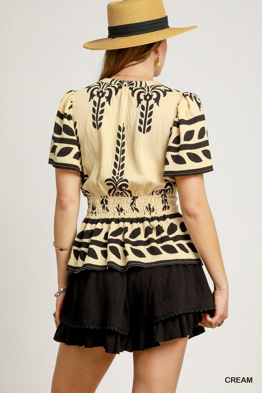 Cream & Black Boho Peplum Blouse