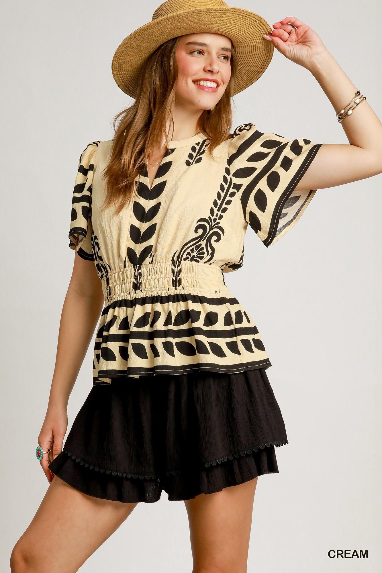 Cream & Black Boho Peplum Blouse