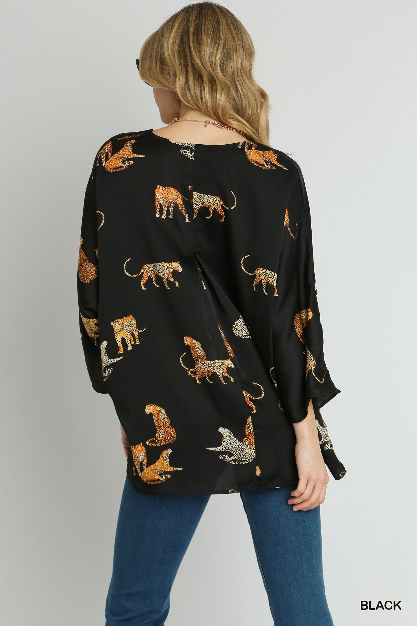 Black Satin Animal Print V-neck Top