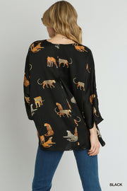 Black Satin Animal Print V-neck Top