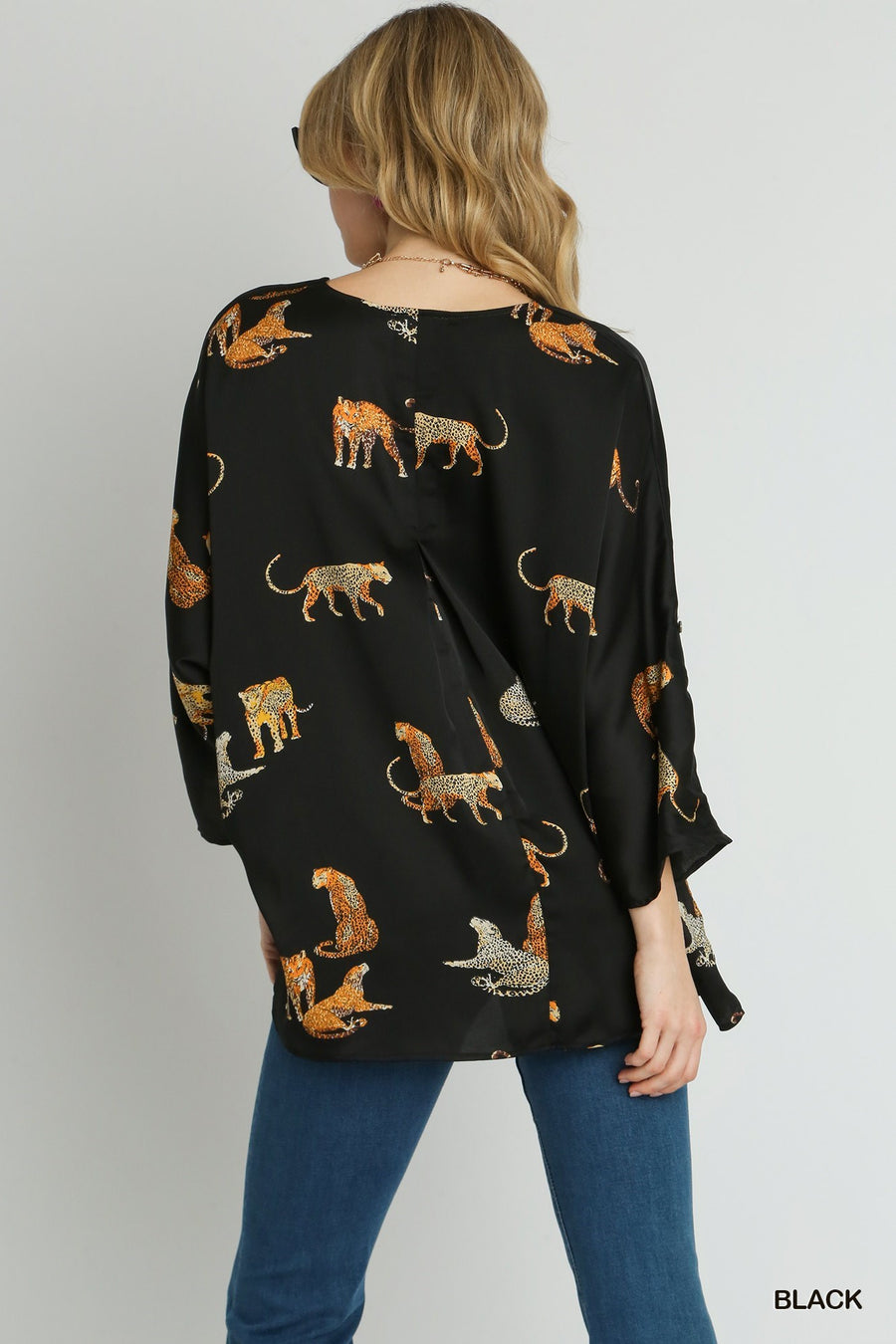 Black Satin Animal Print V-neck Top