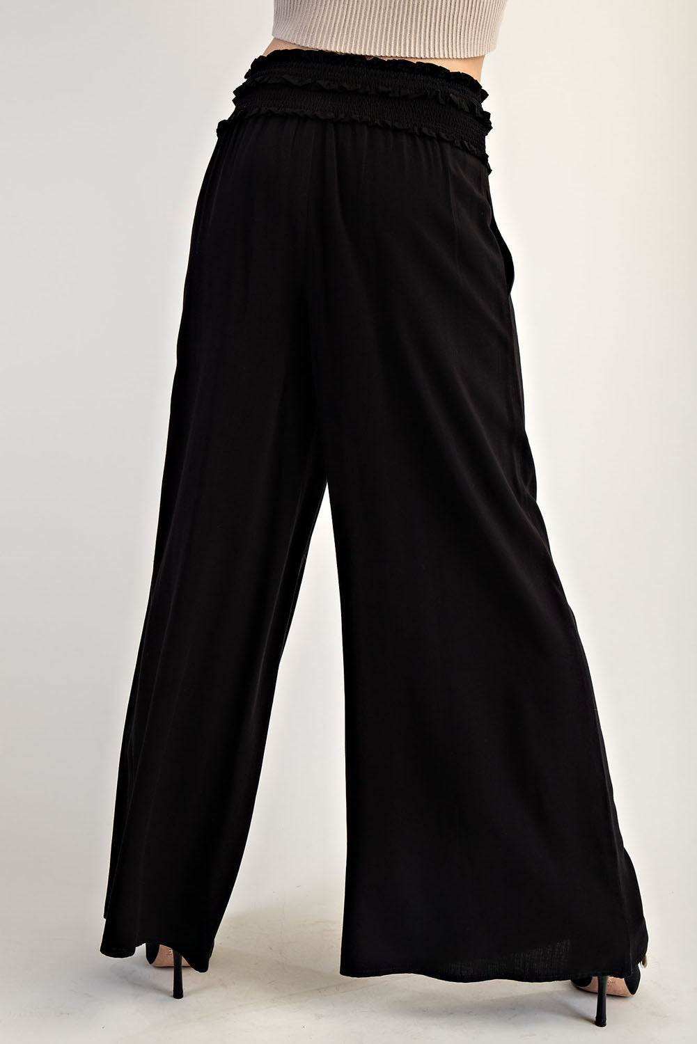 Black Smocked Wide Leg Pants