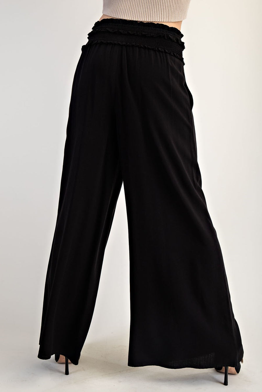 Black Smocked Wide Leg Pants