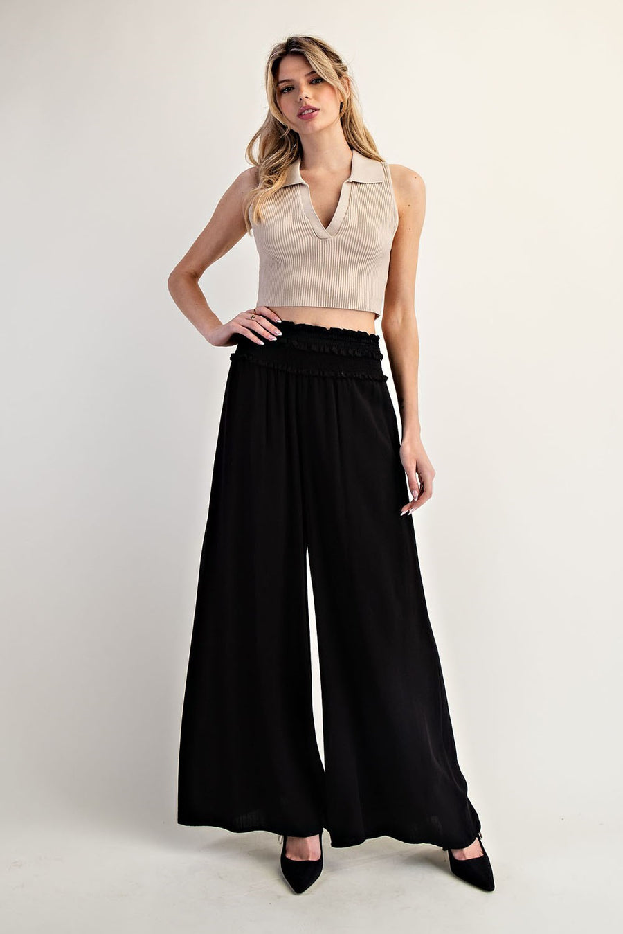 Black Smocked Wide Leg Pants