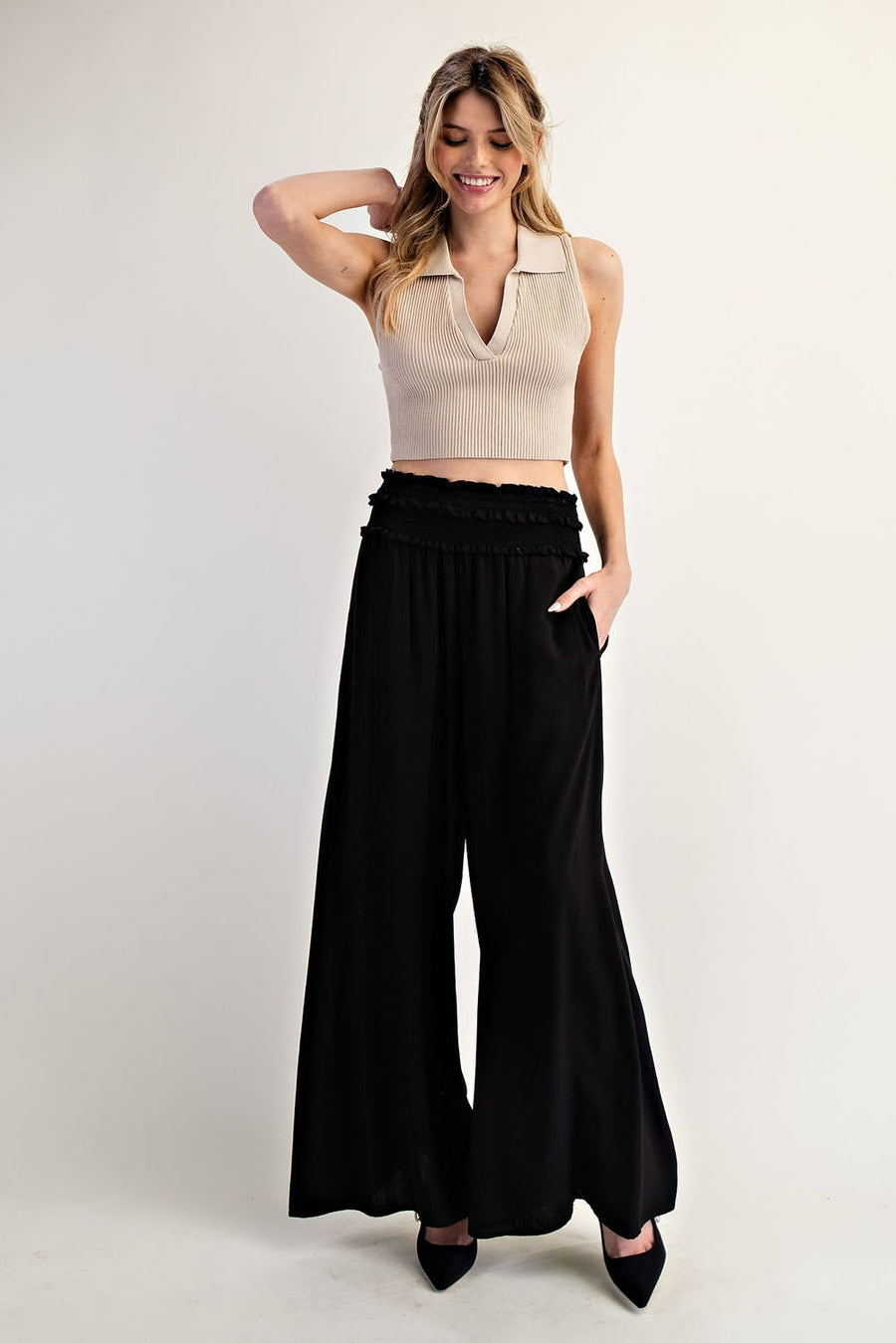 Black Smocked Wide Leg Pants
