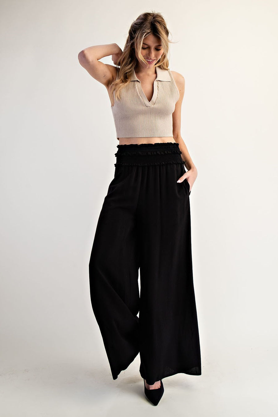 Black Smocked Wide Leg Pants