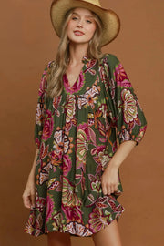 Umgee Olive Abstract Print Babydoll Dress