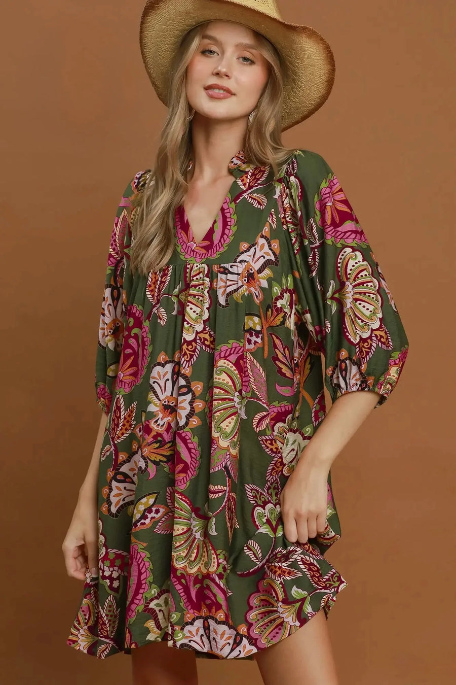 Umgee Olive Abstract Print Babydoll Dress