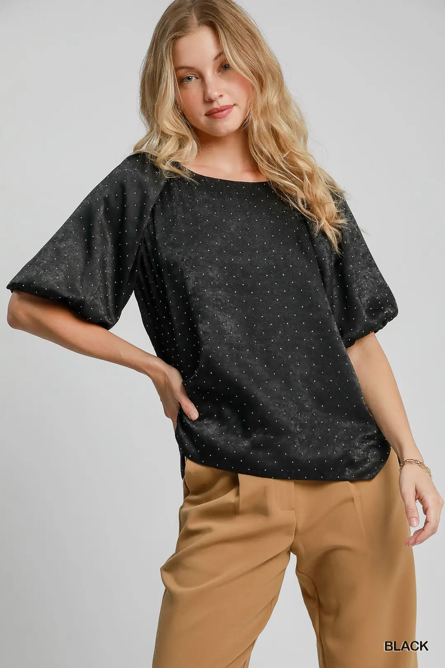 Umgee Black Rhinestone Satin Blouse