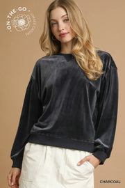 Umgee Charcoal Ribbed Knit Thermal Pullover Sweatshirt