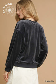 Umgee Charcoal Ribbed Knit Thermal Pullover Sweatshirt