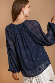 Navy V-Neck Jacquard Blouse