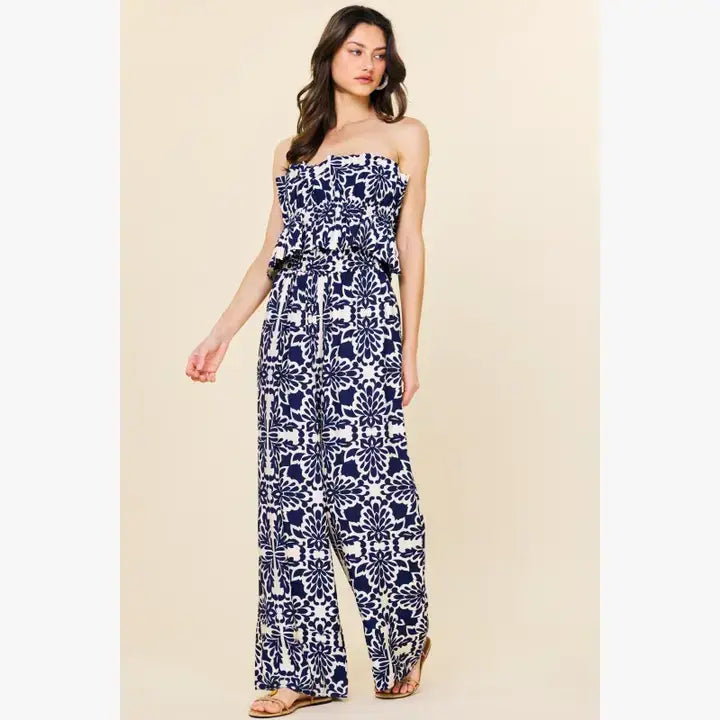 Skies are Blue Navy Print Jumpsuit