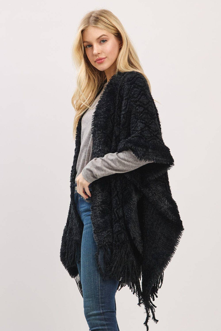 Boucle Knit Soft Drape Fringe Shawl