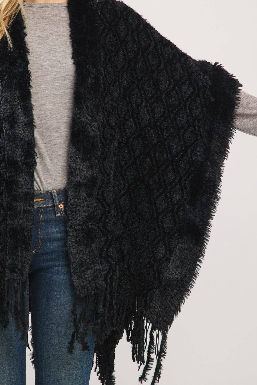 Boucle Knit Soft Drape Fringe Shawl