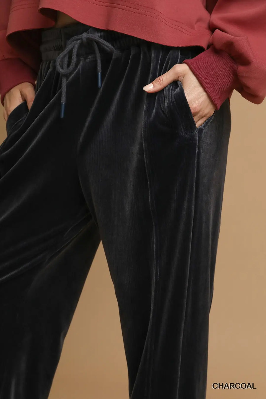 Umgee Charcoal Ribbed Knit Thermal Joggers