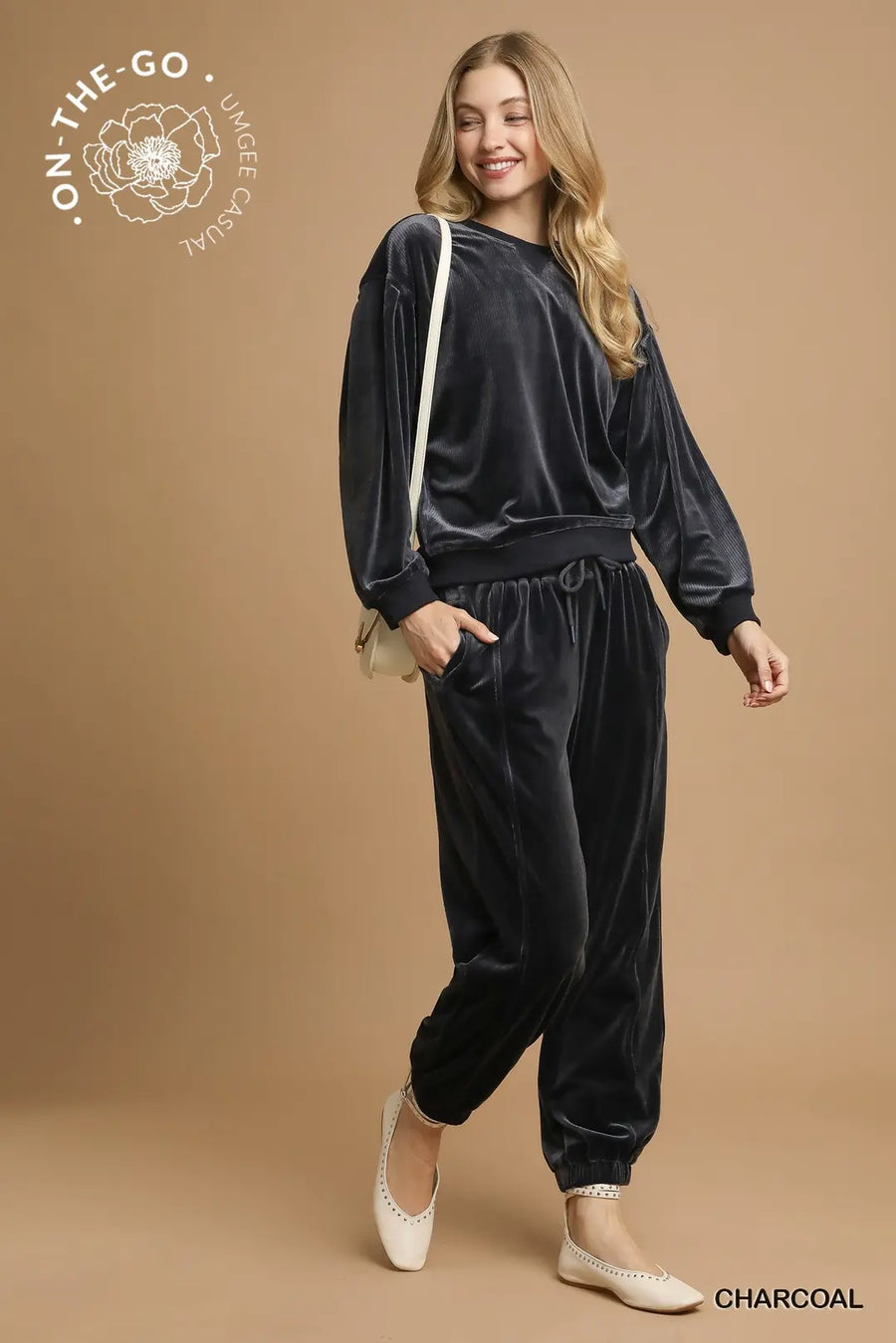 Umgee Charcoal Ribbed Knit Thermal Joggers