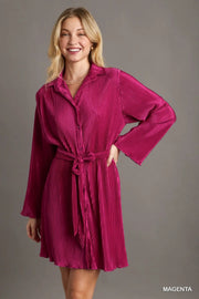Umgee Magenta Pleated Shirt Dress