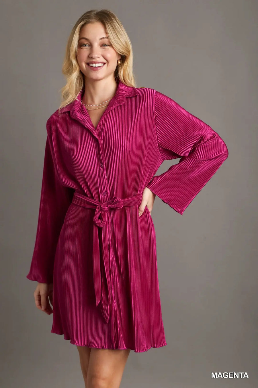 Umgee Magenta Pleated Shirt Dress