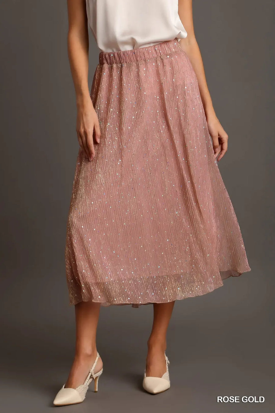 Umgee Rose Gold Shimmer Midi Skirt