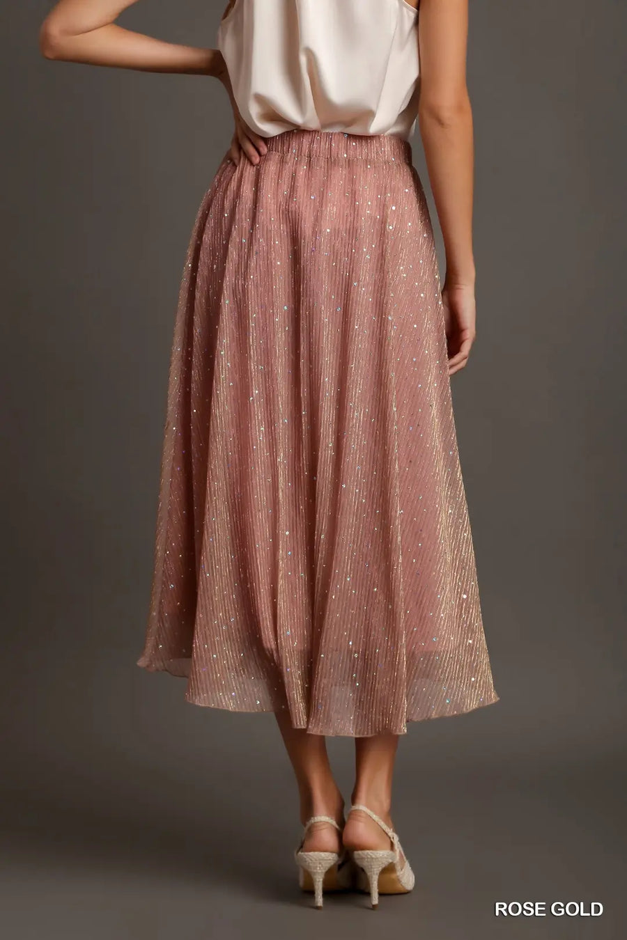Umgee Rose Gold Shimmer Midi Skirt