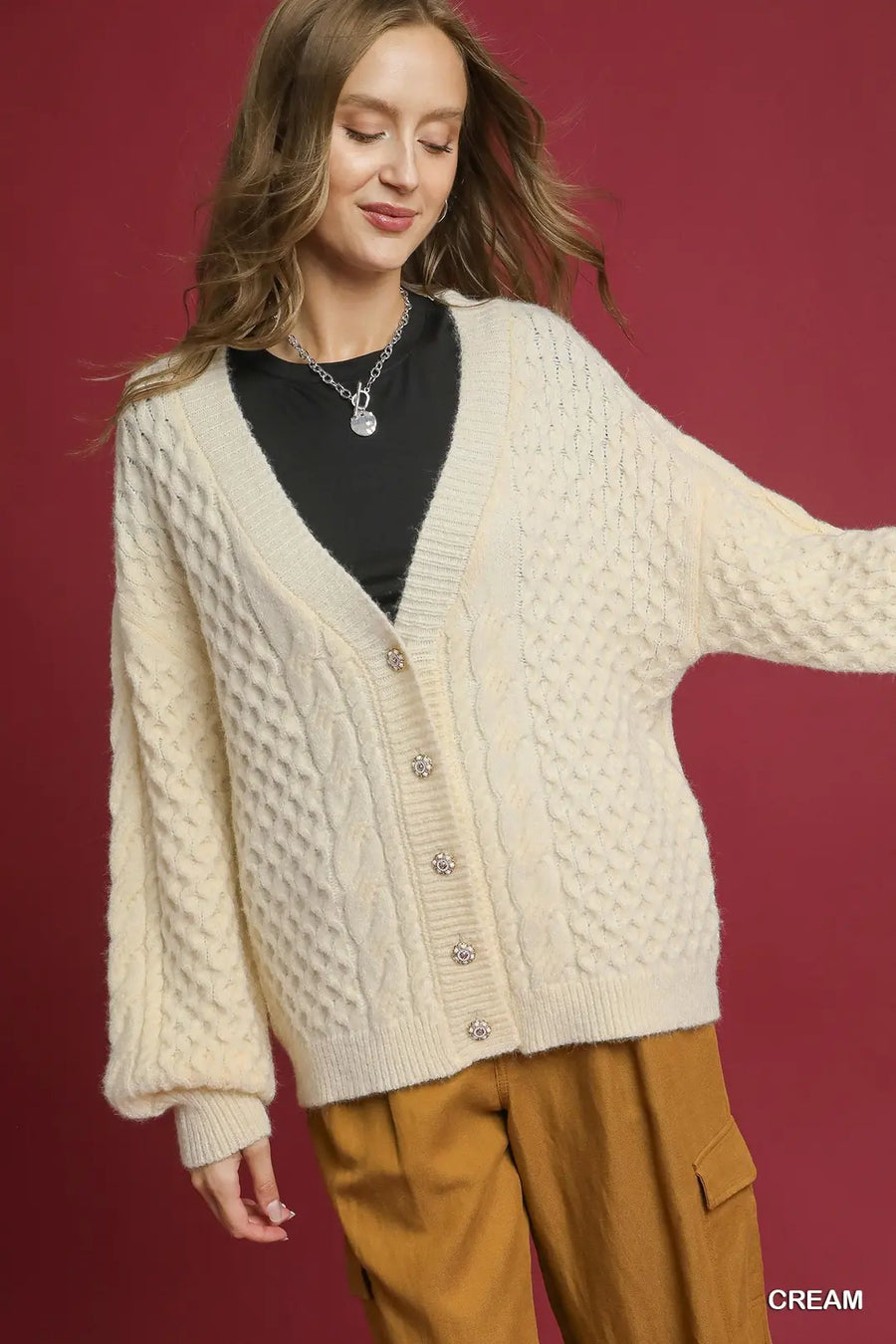 Umgee Cream Cable Knit Pearl Button Cardigan