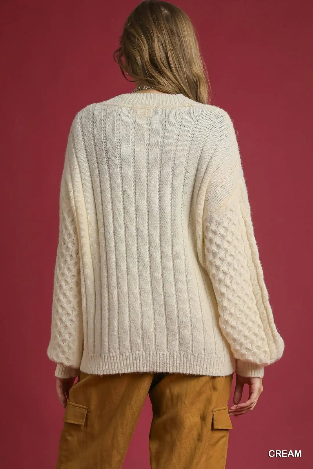 Umgee Cream Cable Knit Pearl Button Cardigan