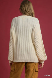 Umgee Cream Cable Knit Pearl Button Cardigan