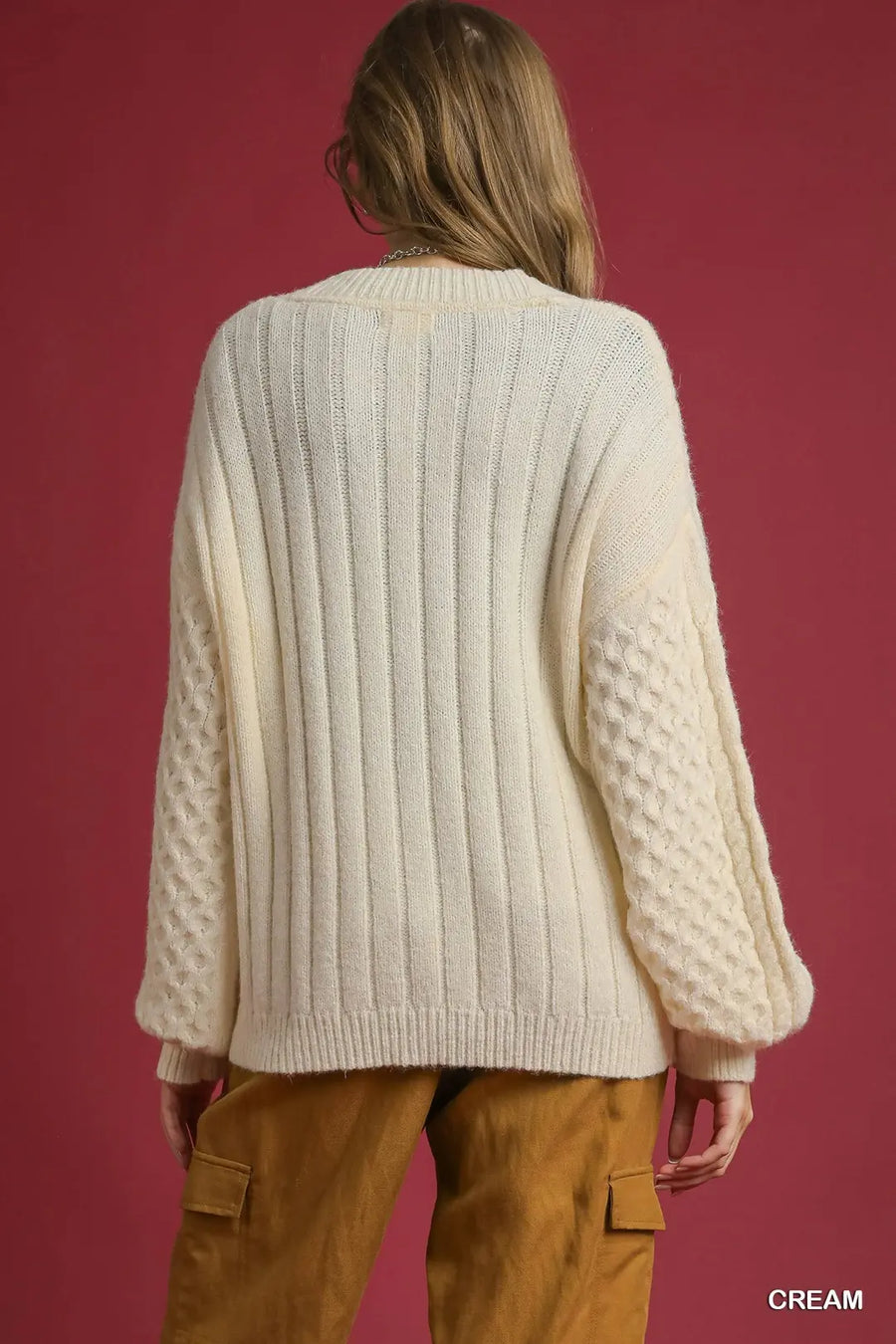 Umgee Cream Cable Knit Pearl Button Cardigan