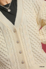 Umgee Cream Cable Knit Pearl Button Cardigan