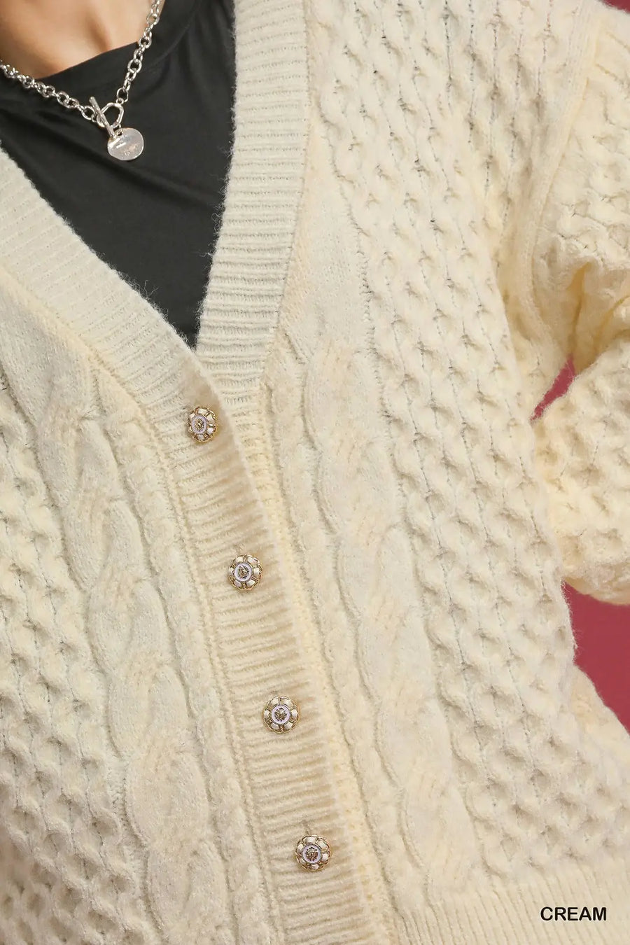 Umgee Cream Cable Knit Pearl Button Cardigan