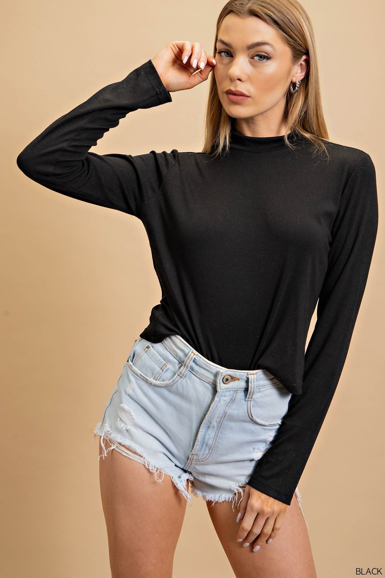 Soft Knit Tencel Fabric Mock Neck Long Sleeve Crop Top